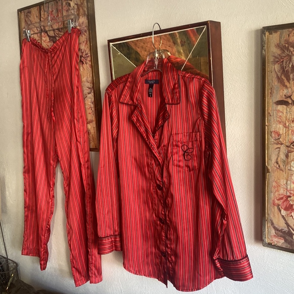 RALPH LAUREN CHAPS RED STRIPE SILKY LS BUTTON DOWN TOP DRAWSTRING PJ PANTS SET M - Picture 17 of 17